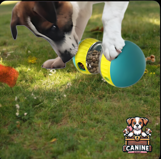 Beagle playing with CanineChest Mind-Bottling Treat Toy in yellow and blue, an engaging puzzle toy that encourages active play and treats rewards.