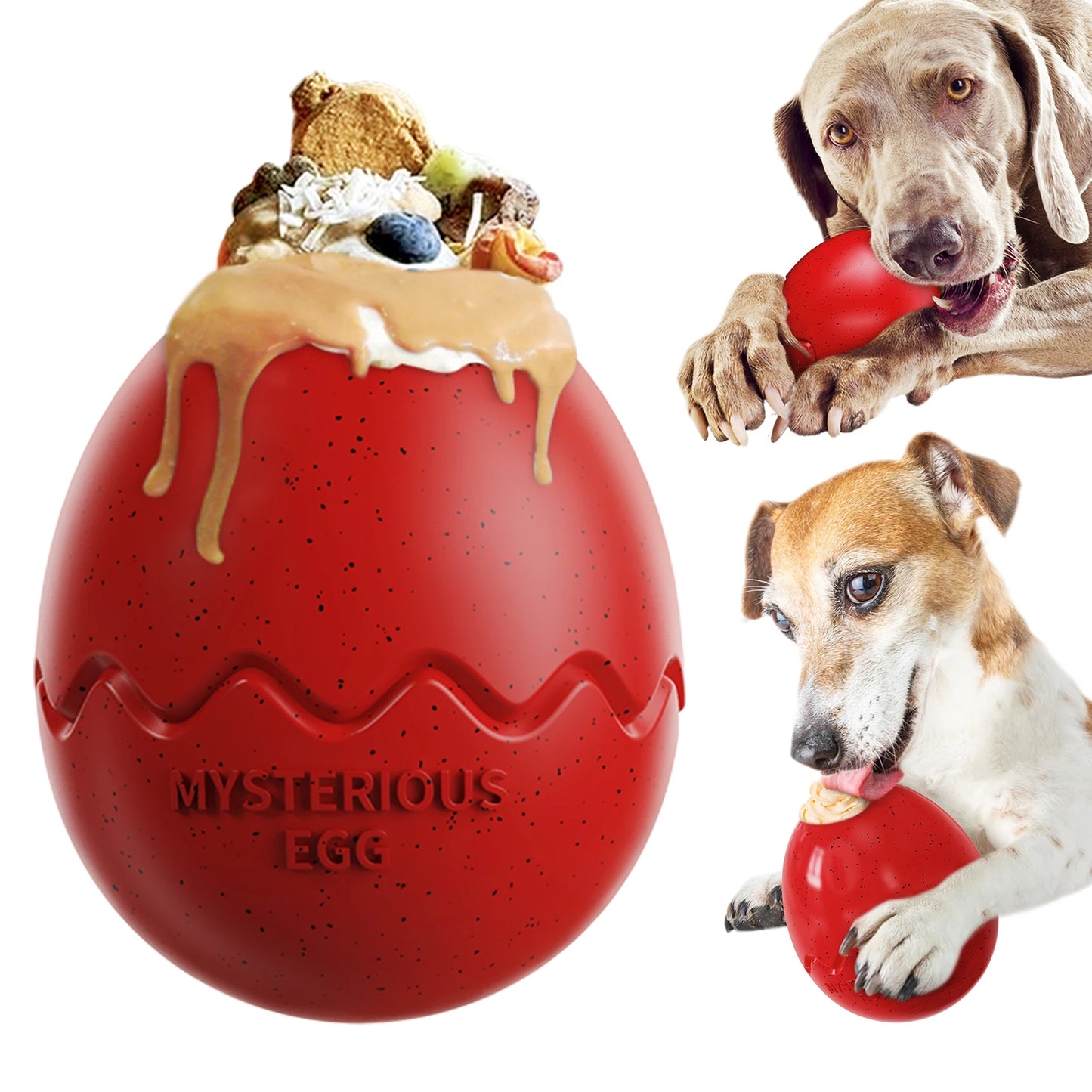 Two dogs eating from CanineChest Mysterious Egg slow feed toy filled with treats, promoting fun and interactive feeding time.