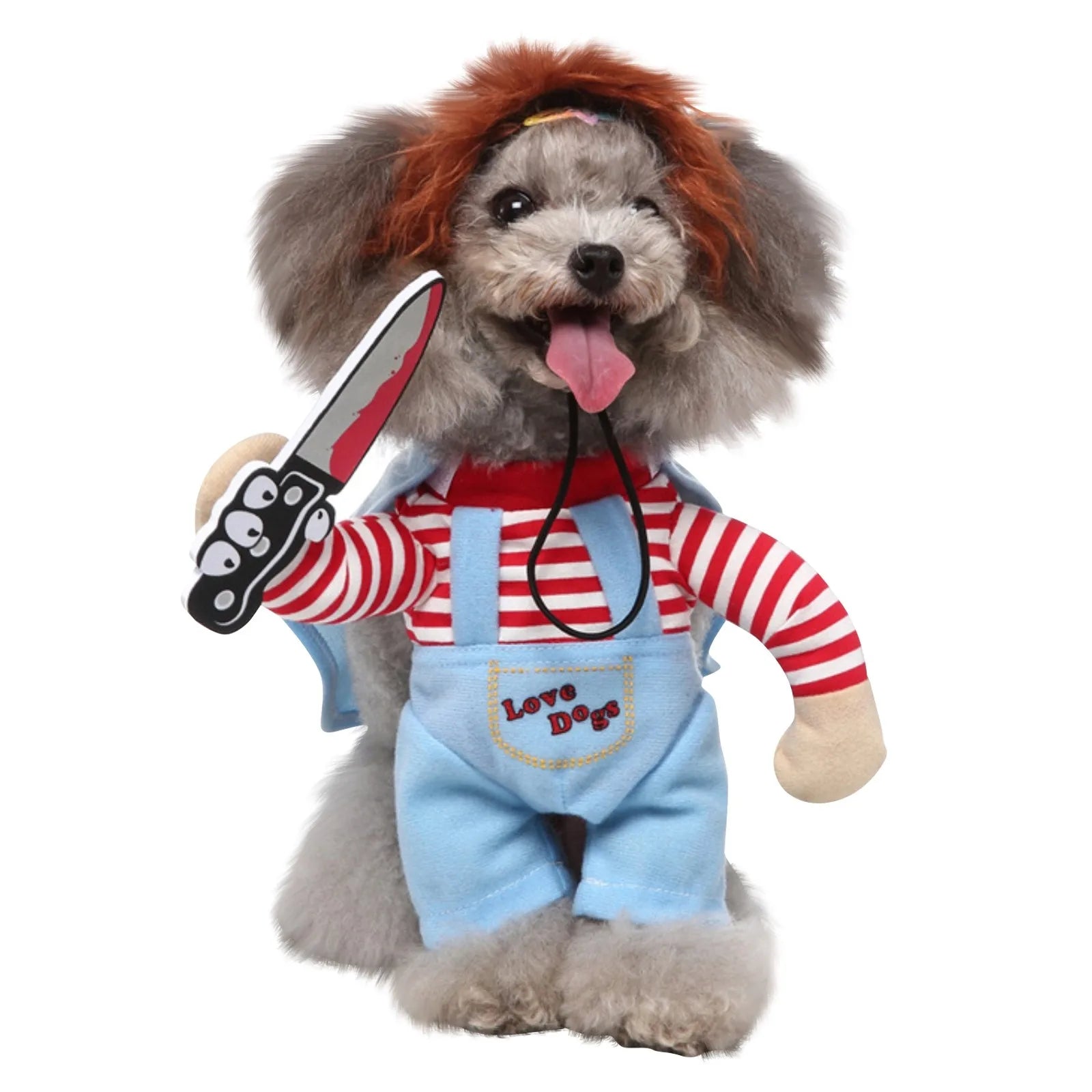CanineChest Chucky dog costume, a horror-inspired outfit for spooky-themed events and Halloween.