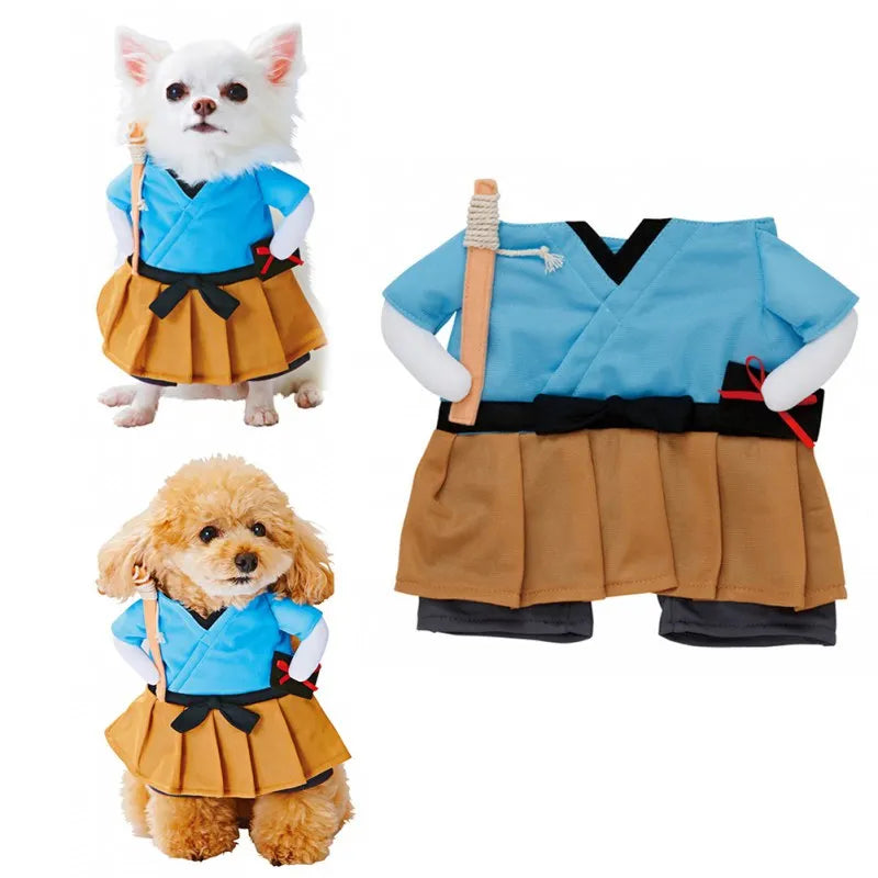 CanineChest Samurai costume for pets, comfortable polyester cotton design, perfect for Halloween and special events. Available in multiple sizes.