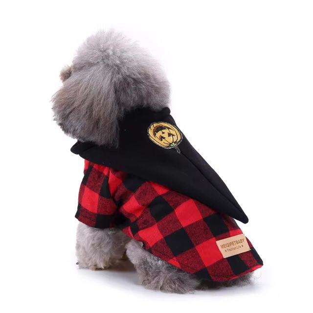 CanineChest flannel dog costume with pumpkin on the back, perfect for autumn and Halloween events.