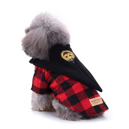 CanineChest flannel dog costume with pumpkin on the back, perfect for autumn and Halloween events.