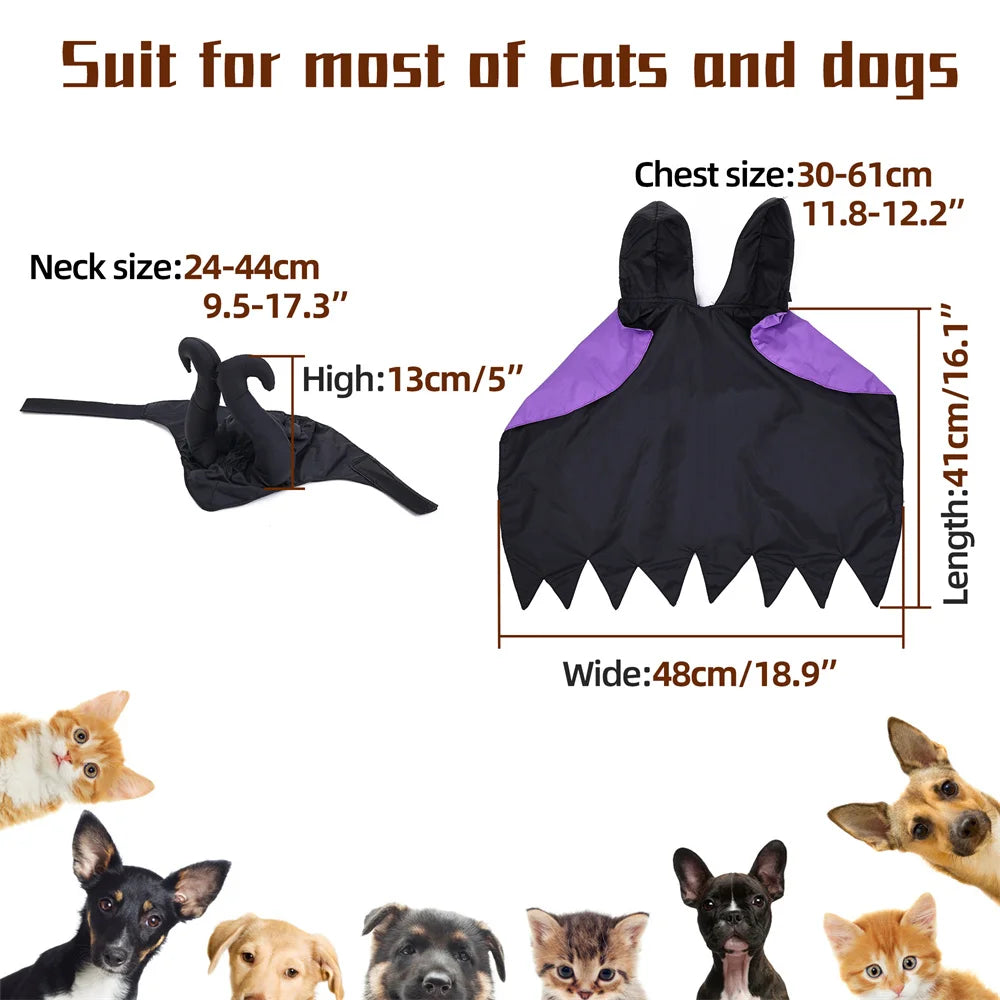CanineChest Halloween pet cosplay costume with devil horns and vampire cape, adjustable fit, perfect for spooky parties, photos, and festive pet events.