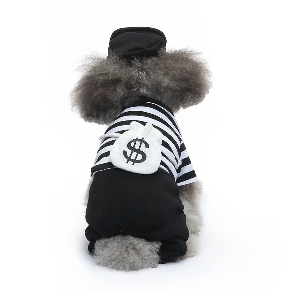 Back view of a poodle in CanineChest Jail Heist Costume, comfortable and adjustable pet outfit for Halloween and special occasions