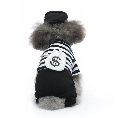 Back view of a poodle in CanineChest Jail Heist Costume, comfortable and adjustable pet outfit for Halloween and special occasions