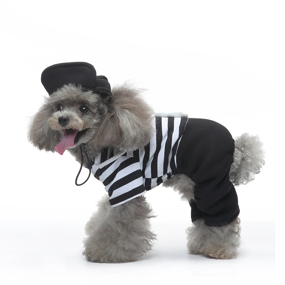 Side view of a poodle in CanineChest Jail Heist Costume, comfortable and adjustable pet outfit for Halloween and special occasions