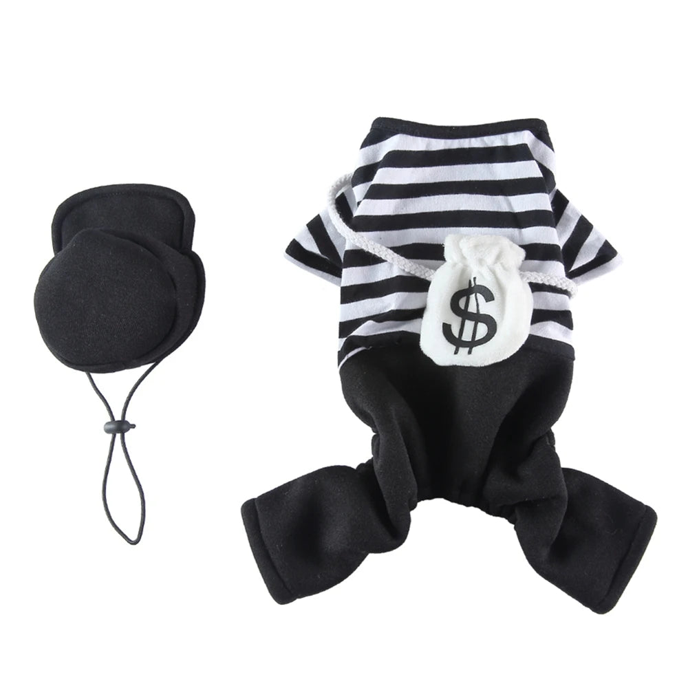 CanineChest Jail Heist Costume for pets, a funny prisoner outfit, perfect for Halloween, photoshoots, and playful dress-up occasions.