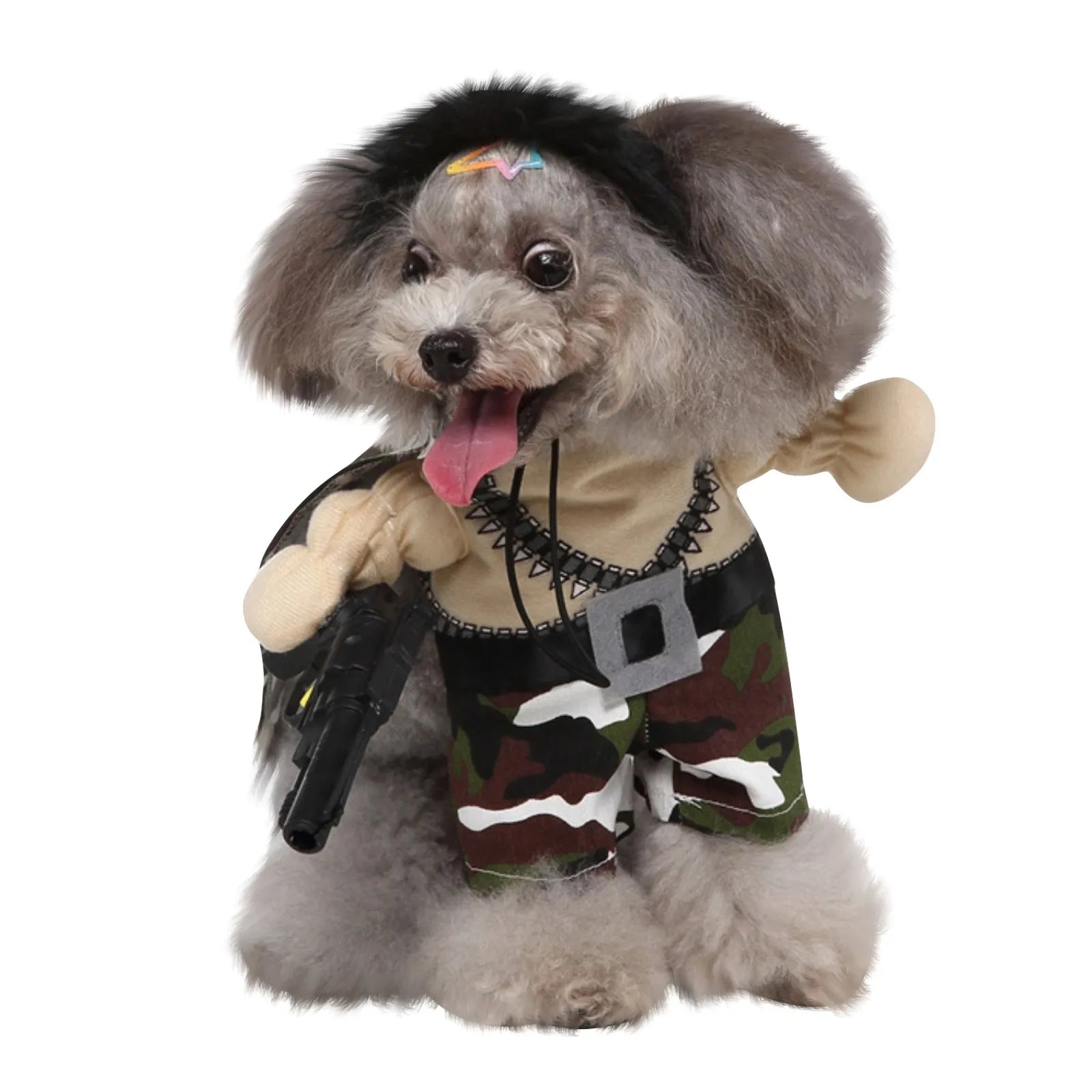 CanineChest military dog costume with gun detail, a unique outfit for special events or themed gatherings.