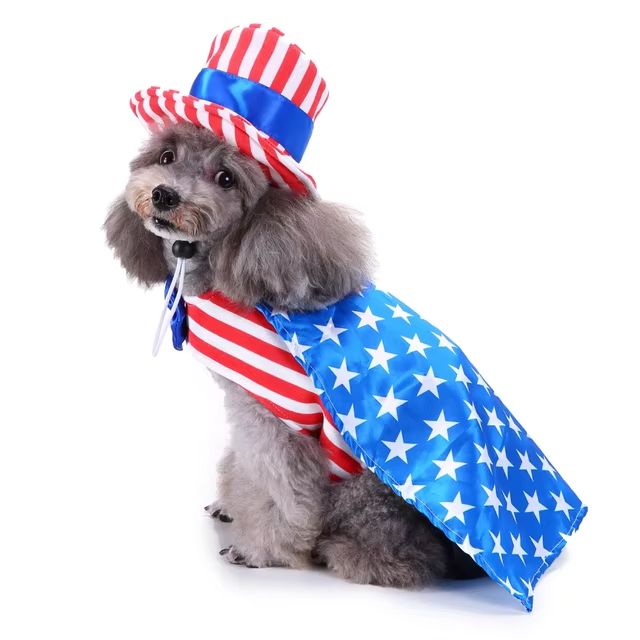CanineChest Mr. America dog costume with American flag cape, patriotic outfit perfect for holidays and events. Donald Trump Obama 