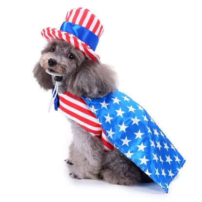 CanineChest Mr. America dog costume with American flag cape, patriotic outfit perfect for holidays and events. Donald Trump Obama 
