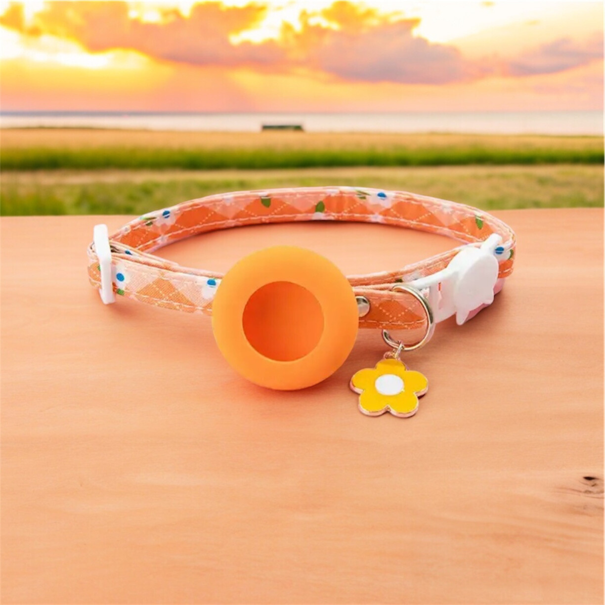 CanineChest orange pet collar with Airtag holder, anti-lost GPS tracking feature for dogs and cats, ideal for outdoor safety.