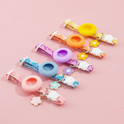 CanineChest pet collar with Airtag holder, available in blue, yellow, orange, purple, and pink. Anti-lost GPS-compatible collar for dogs and cats, ideal for outdoor tracking.