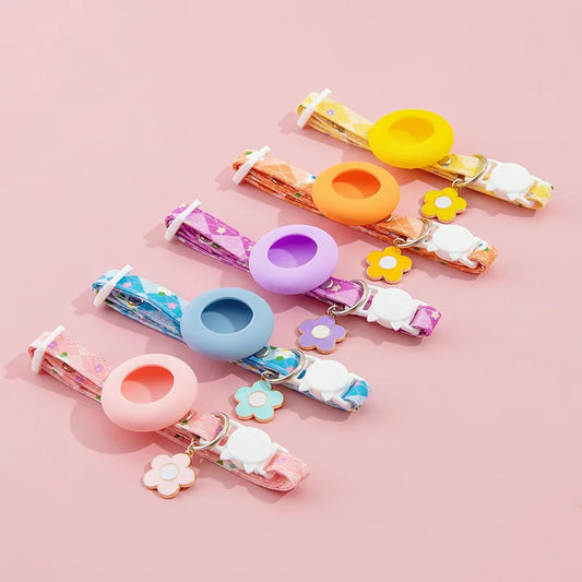 CanineChest pet collar with Airtag holder, available in blue, yellow, orange, purple, and pink. Anti-lost GPS-compatible collar for dogs and cats, ideal for outdoor tracking.