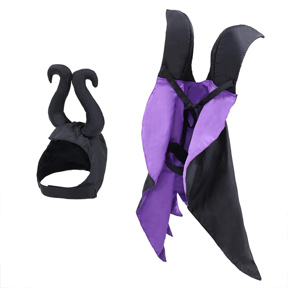 CanineChest purple Halloween pet cosplay costume with devil horns and vampire cape, great for Halloween fun, Christmas events, and playful pet dress-up.