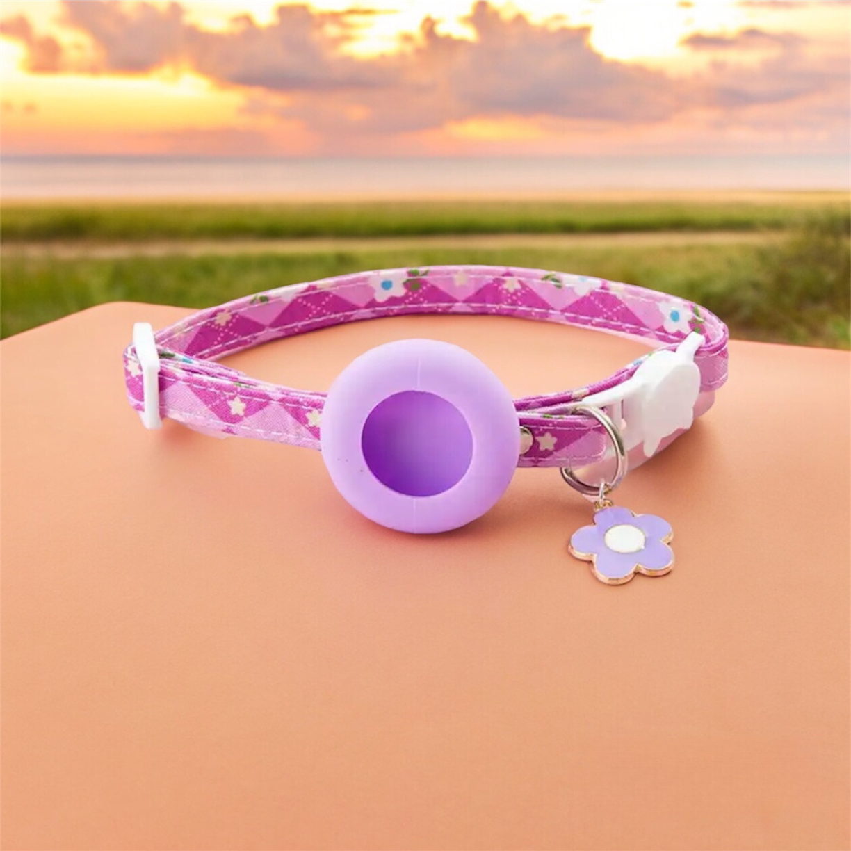 CanineChest purple pet collar with Airtag holder, GPS-enabled anti-lost collar, perfect for tracking pets during outdoor activities.