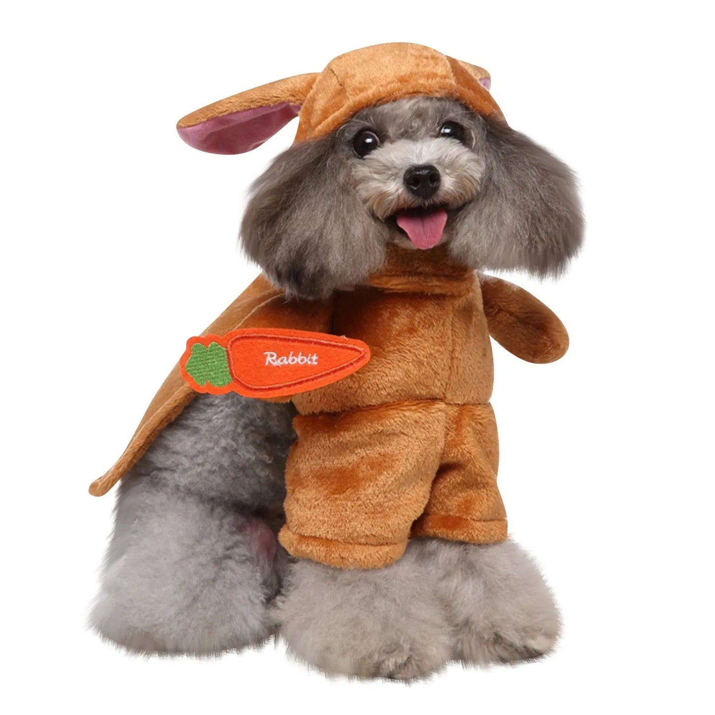 CanineChest rabbit dog costume, complete with carrot accessory, ideal for Easter and fun events.