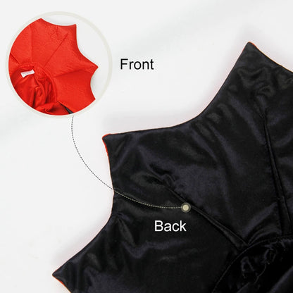 CanineChest vampire cape costume for small dogs and cats, soft satin with adjustable neck rope, perfect for Halloween cosplay and special occasions.