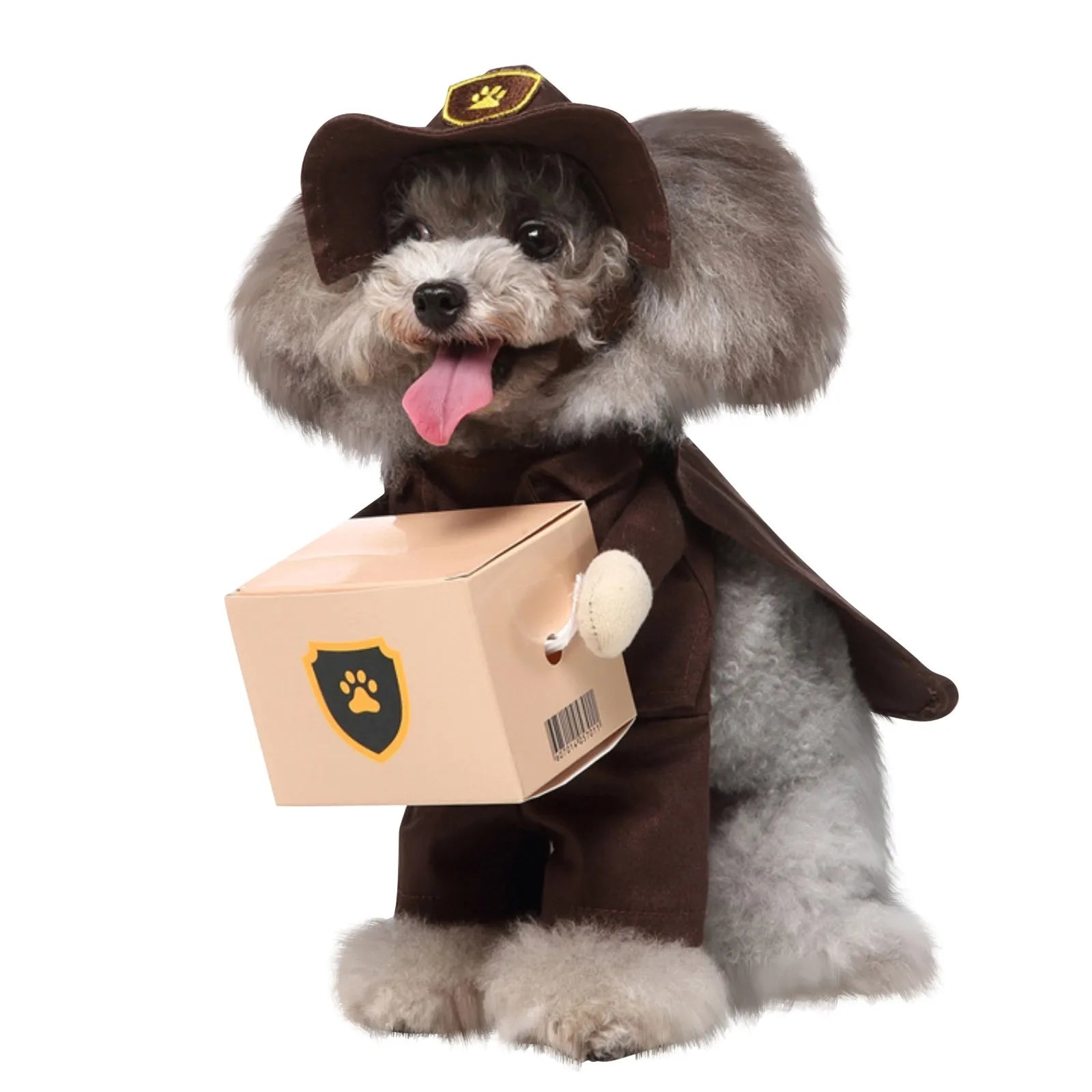 CanineChest UPS dog costume, featuring a delivery outfit with a box, perfect for fun dress-up occasions.