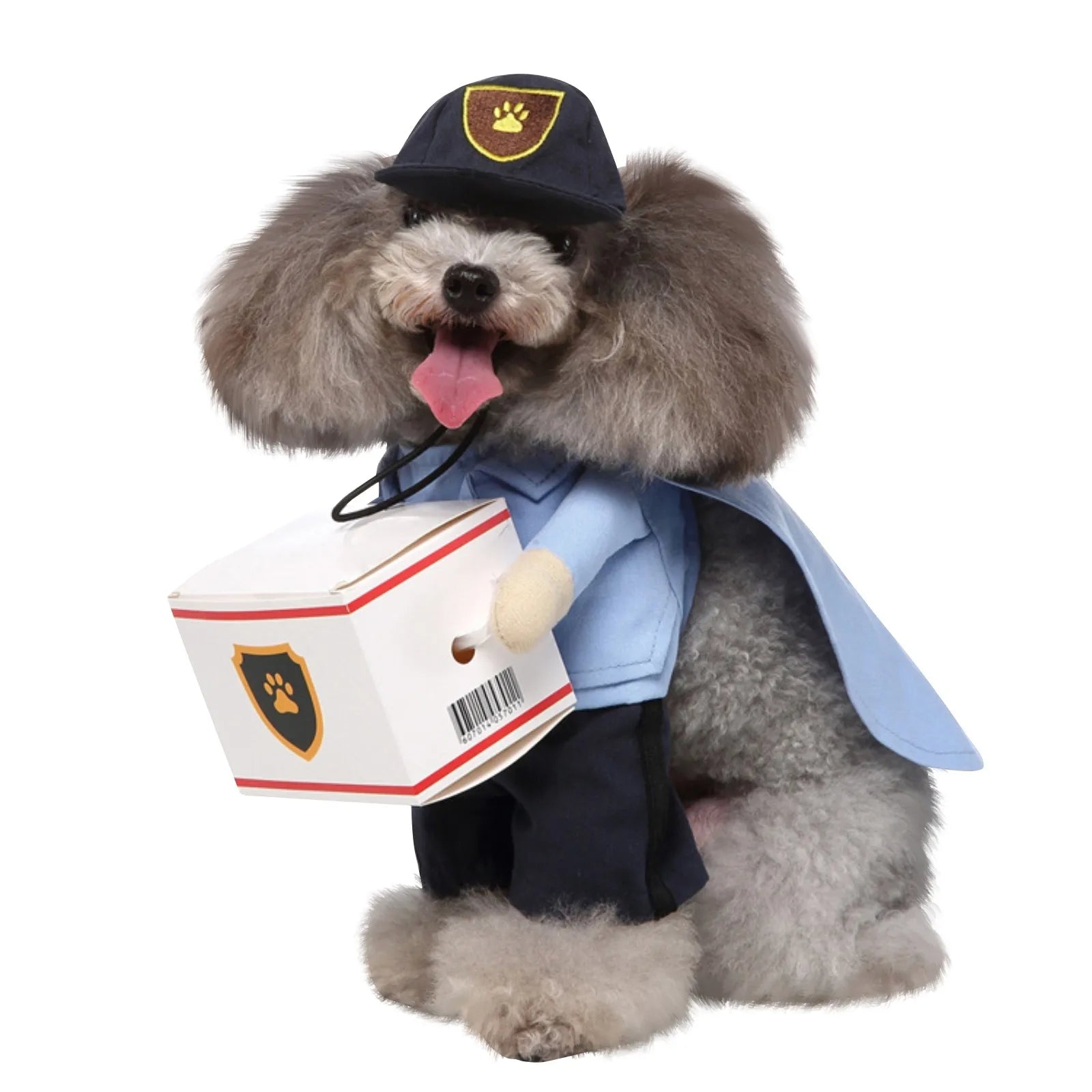 CanineChest USPS dog costume with postal outfit and box accessory, great for photo ops and Halloween.