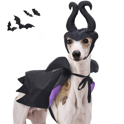 CanineChest vampire cape and devil horns Halloween costume for pets, adjustable and comfortable, ideal for Halloween, parades, and pet photoshoots.